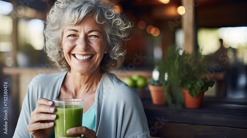 Senior woman enjoying a fresh green smoothie on a sunny day