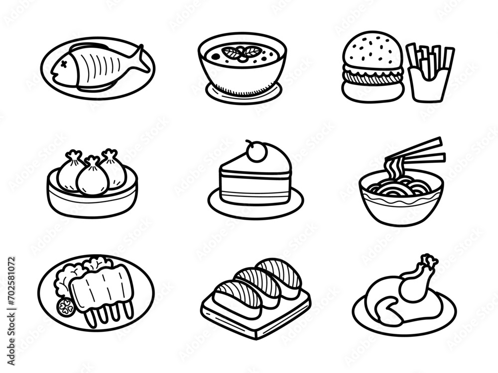 Set of dish doodle vector illustration on white background. Hand-drawn foods vector collection Set of dish doodle vector illustration on white background. Hand-drawn foods vector collection