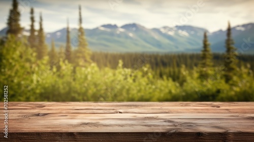 The empty wooden table top with blur background of Alaska nature. Exuberant image. generative ai © Summit Art Creations