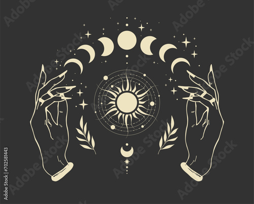 Magical poster with woman hands, stars and moon, boho illustration. Vector hand drawing