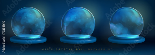 Set of magic crystal glass balls with flowing blue smoke or steam inside. Vector illustration