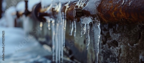 Frozen water hanging from drainpipe.