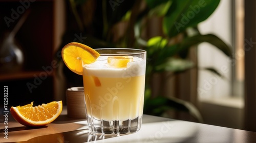 A glass of orange cocktail or smoothie on the table. A nutritious breakfast or snack. Ripe oranges are lying nearby.
