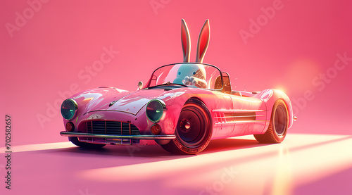 A fluffy pink bunny rabbit is sitting on a pink car. Funny, surreal Easter holiday. Generative AI A rabbit in a pink and blue vintage type car