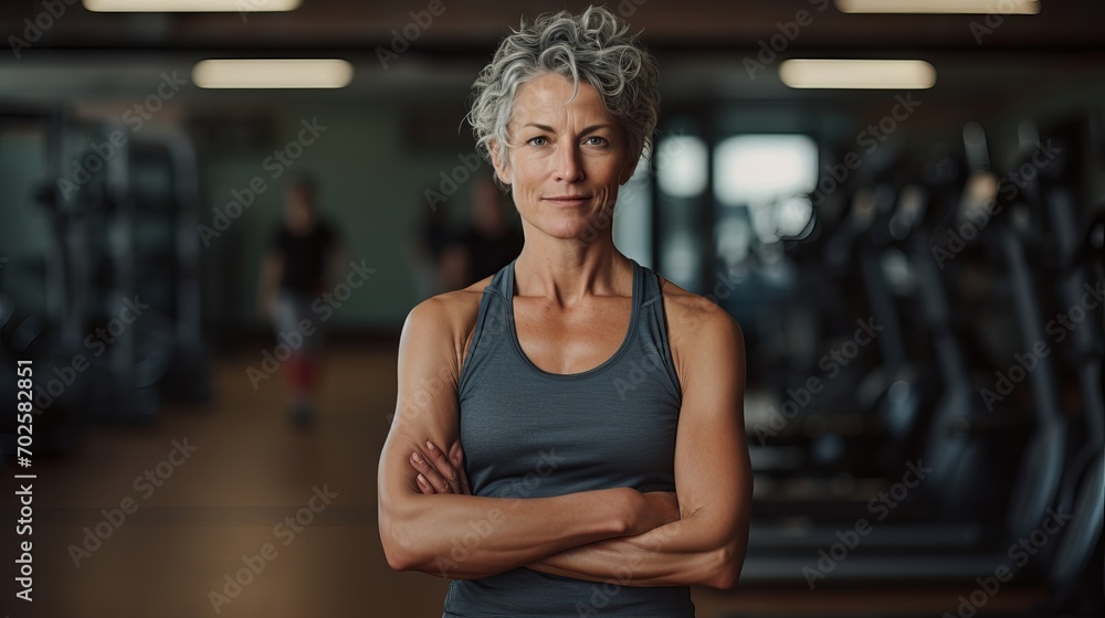 Fototapeta premium Mature woman in sportswear smiling and holding a yoga mat in a fitness studio