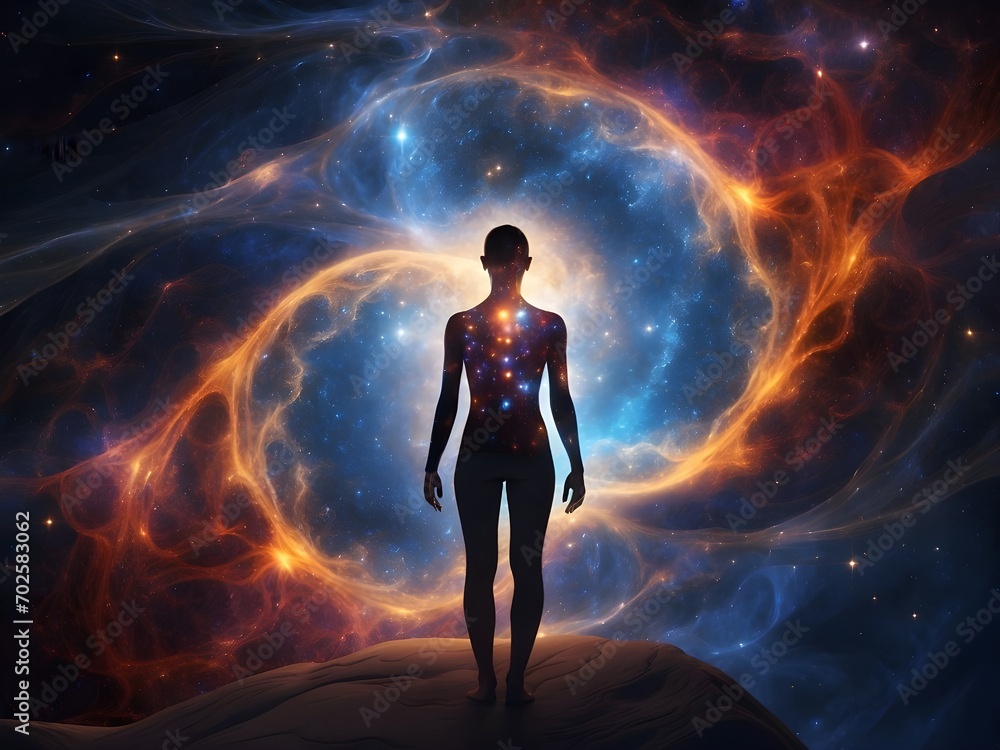 A person merging with the cosmic energy, symbolizing the interconnectedness of life and the universe