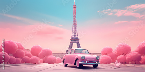 Pink car with paris and eiffel tower, in the style of pop inspo. eiffel tower, A Valentine's Day Love Concept with Copy Space, Valentine or happy birthday concept. Generative AI