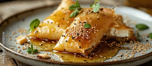 A sweet dish with fried feta cheese, wrapped in phyllo, and drizzled with honey, sesame, and nuts.