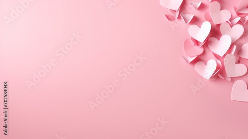 Valentine's Day background with pink hearts on pastel backdrop. Festive and romantic greeting space. © Postproduction