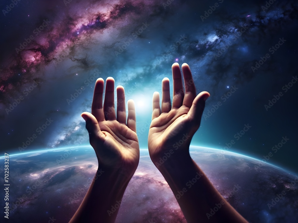 Human hands reaching out towards a galaxy in a cosmic exploration scene Human hands reaching out towards a galaxy in a cosmic exploration scene