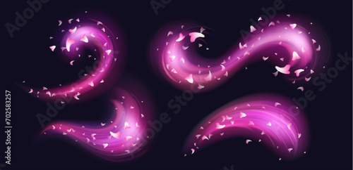 Pink fragrance wind swirl with glowing smoke and cherry or sakura tree flower petals. Realistic vector illustration set of abstract air spray or splash of bright neon mist. Floral flavored breeze.