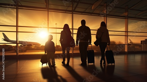 Silhouette of business travelers walking towards boarding gate at modern airport terminal. Image of traveller at the airport.