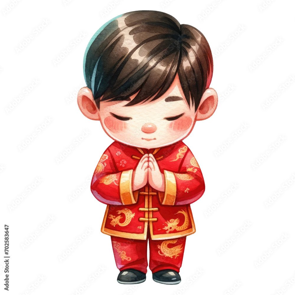 Watercolor boy in red chinese suit paying respect. Chinese New Year concept. Red chinese suit boy putting hands together clipart. Watercolor boy in red chinese suit paying respect. Chinese New Year concept. Red chinese suit boy putting hands together clipart.