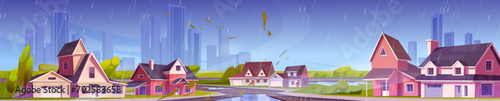 Suburban landscape with countryside house in rain. Cartoon vector illustration of cityscape street with private family home in wet rainy weather. Suburb with neighborhood cottages, yards and trees.