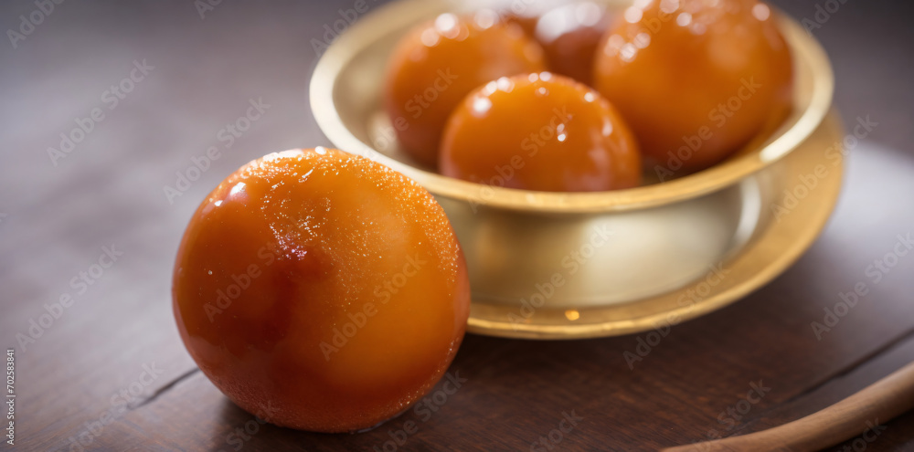 Gulab Jamoon on the White Plate on the wooden table top view with copy space