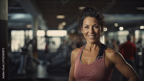 Mature woman in sportswear smiling and holding a yoga mat in a fitness studio