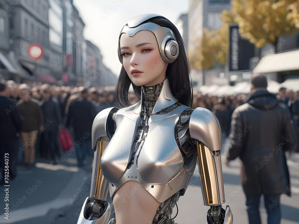beautiful female robot, standing in the middle of a crowd in Berlin in extremely realistic 3D. beautiful female robot, standing in the middle of a crowd in Berlin in extremely realistic 3D.