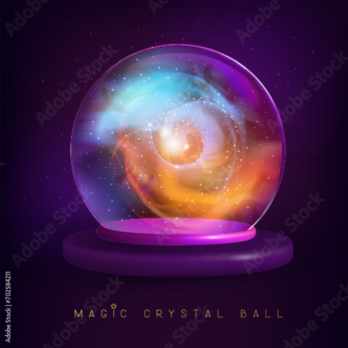Magic crystal glass ball with flowing blue and gold glittering smoke or steam inside. Vector illustration