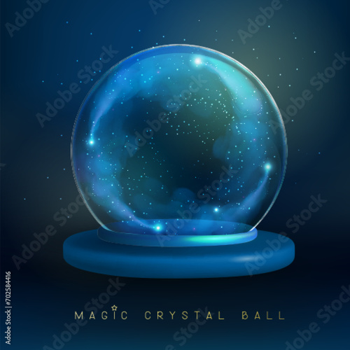 Magic crystal glass ball with flowing blue glittering smoke or steam inside. Vector illustration © annbozhko