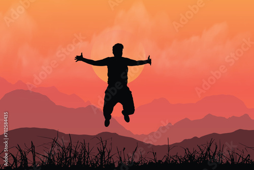 Happy man jumping for joy at sunset vector. Success and happiness concept.