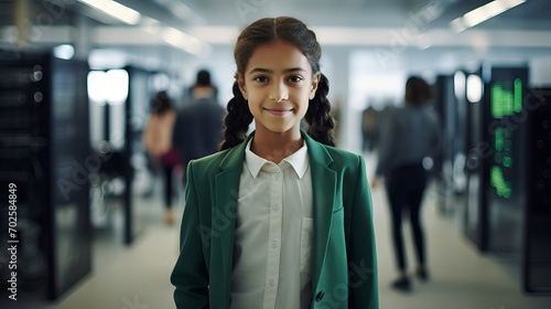 Empowered young girl ready to master coding skills in vibrant classroom setting photo