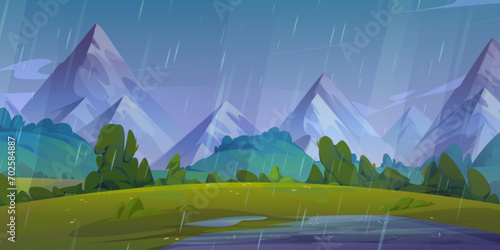 Summer rainy natural landscape with puddle on green grass of meadow in foot of high mountains. Cartoon vector panoramic country scenery with grassland near hills under rain falling from cloudy sky.