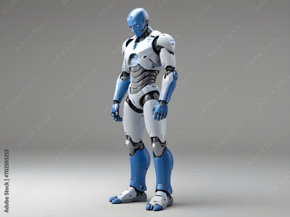 Robot, gray-blue, 3D, standing with head down, isolated background