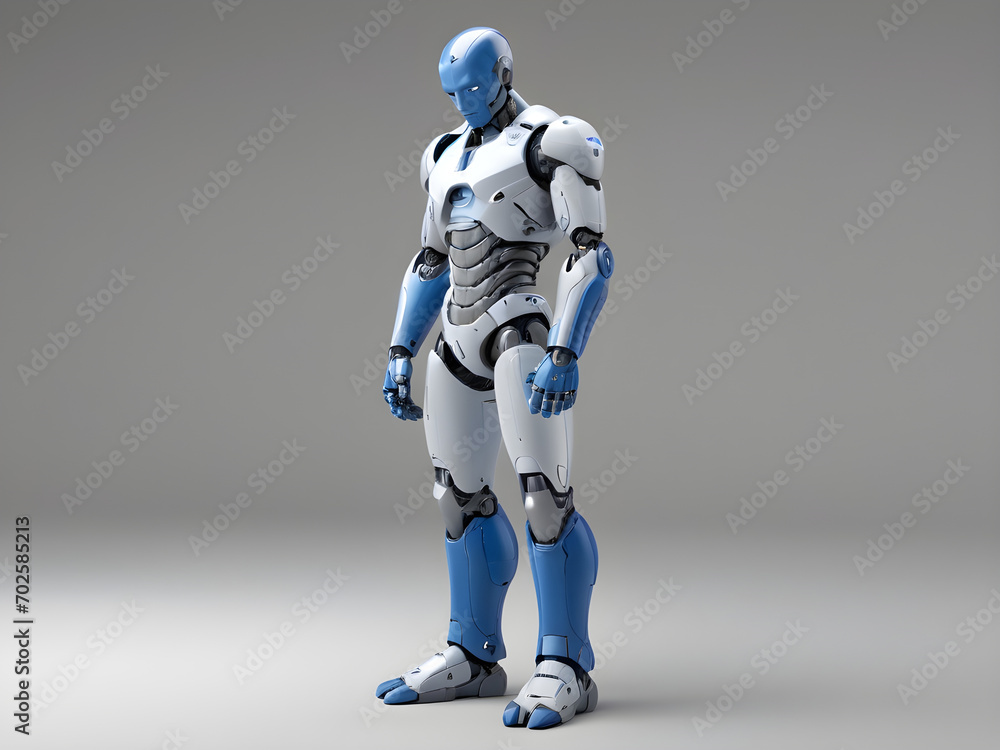 Robot, gray-blue, 3D, standing with head down, isolated background Robot, gray-blue, 3D, standing with head down, isolated background