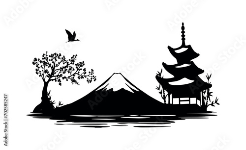 silhouette of Japanese temple and fuji mountain, sakura by the river vector
