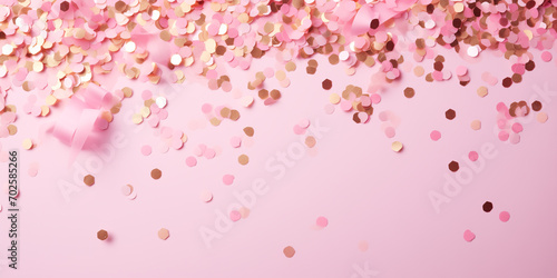 Festive design with copy space, metallic glitter foil confetti on pink.