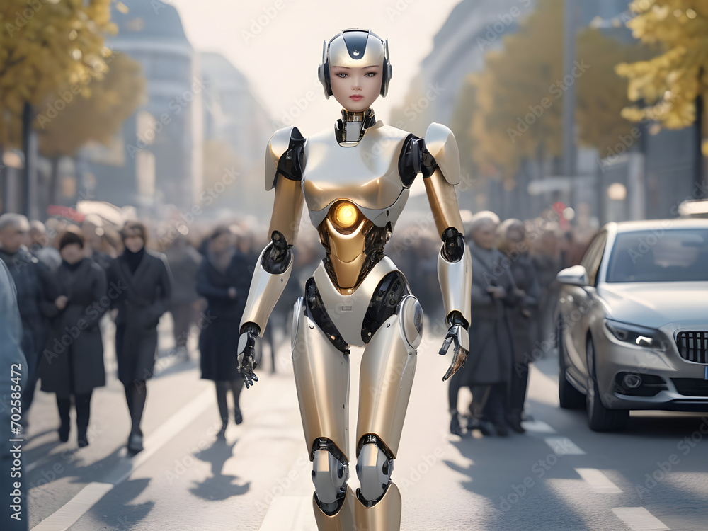 Beautiful female robot, walking with the crowd, futuristic concept, 3D,