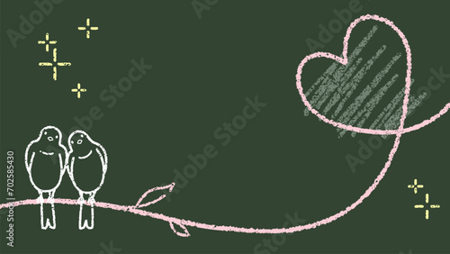 黒板にチョークで描いたような小鳥とハートの背景素材