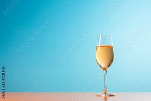 a glass of champagne on a blue background. festive alcoholic carbonated drink, sparkling wine. copy the space.