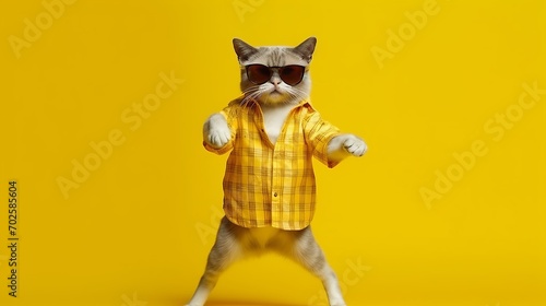 cool dancing cat in sunglasses on a yellow background, Generative ai