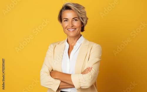 confident businesswoman with crossed arm isolated in yellow background