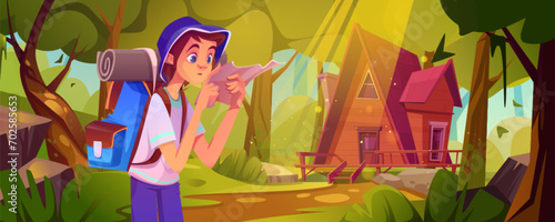 Boy scout with hiking backpack and equipment looking at paper map while standing in forest near wooden hut. Cartoon vector summer landscape with tourist outside near wood house among green trees.