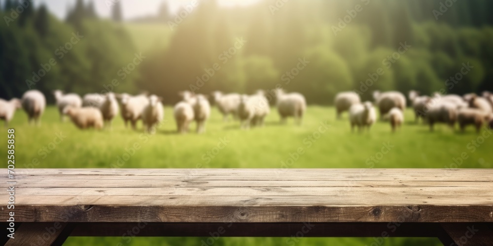 The empty wooden brown table top with blur background of sheep pasture. Exuberant image. generative AI - obrazy, fototapety, plakaty 