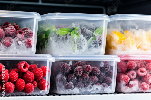 Frozen berries in plastic boxes in the freezer. Open deep freeze filled with frozen berries