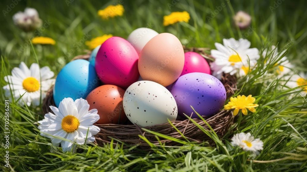 Background of natural colored colored eggs, top view from the place to copy.Lots of colorful Easter eggs and flowers fill the background.