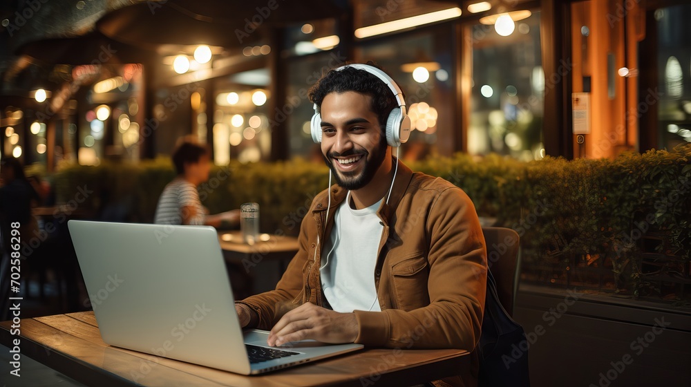 Happy young man smiling and working on laptop at outdoor Happy young man smiling and working on laptop at outdoor
