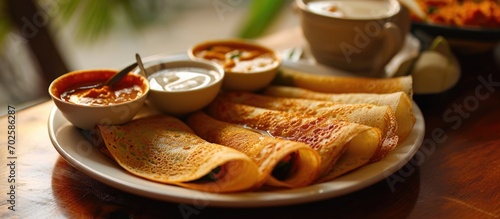 Indian food specialties include dosa, Mutta Kuzhalappam, and egg rolls. They are served with traditional Indian milk tea and are popular snacks during Kerala tea time. The dishes consist of crepe photo