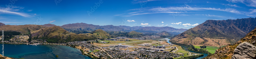 The panorama view of Queenstown, Lake Wakatipu and internal national airport from  Deer Park Heights Queenstown NewZealand. 