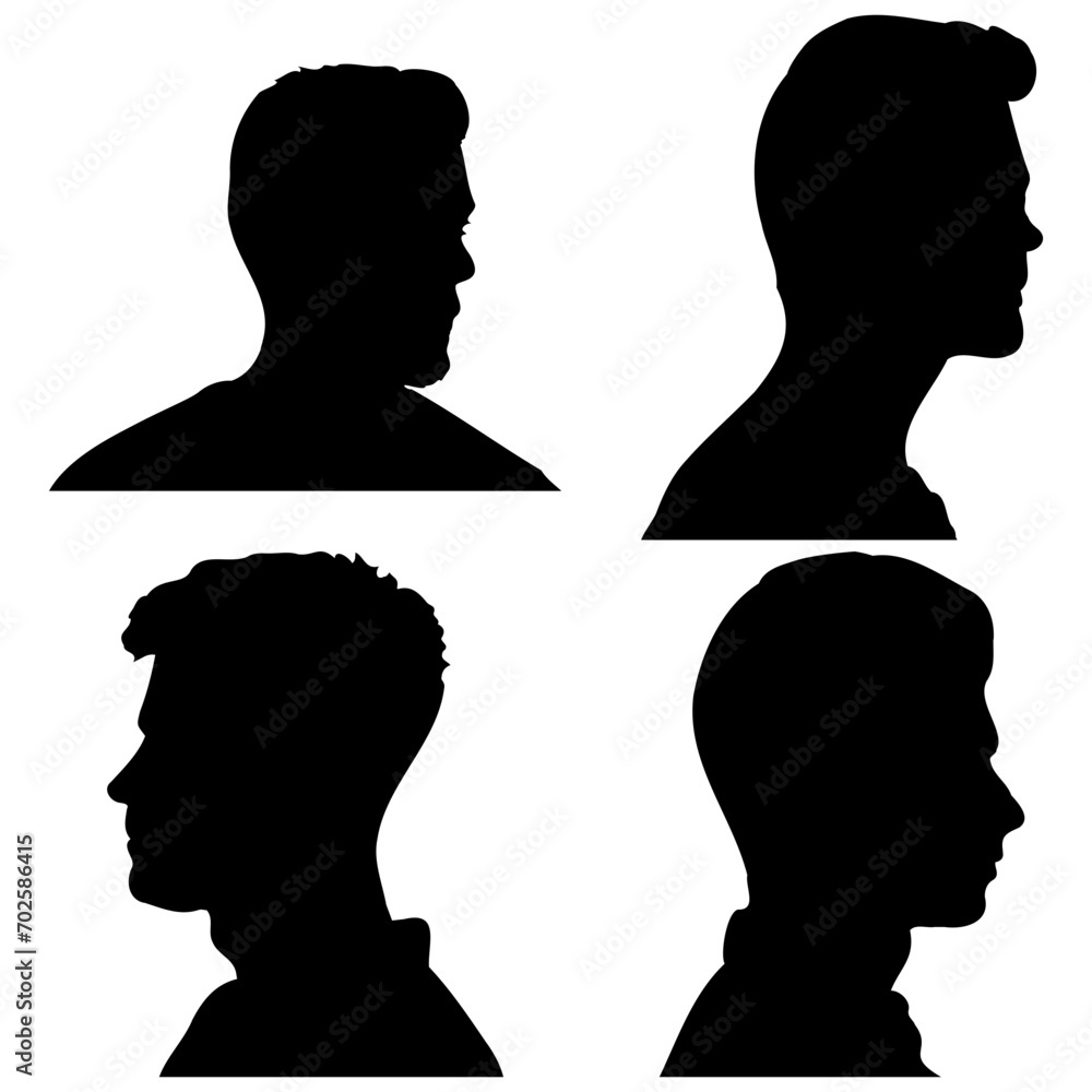 Man Head Silhouette From Side. Isolated On White Background. Vector Illustration Set.