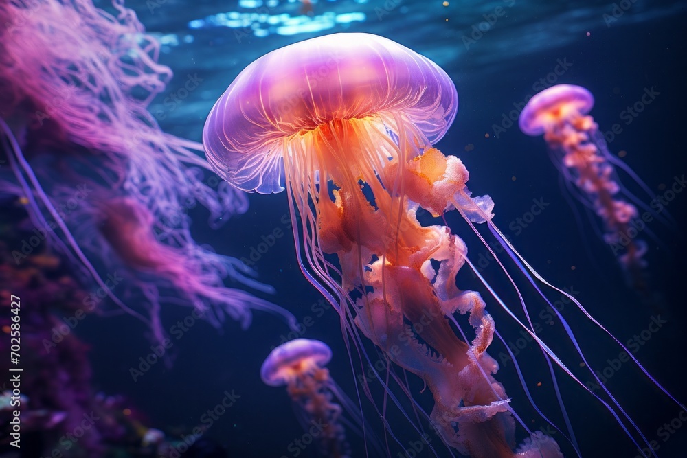 Naklejka premium Jellyfish is a realistic photo. marine and oceanic underwater life. water background.