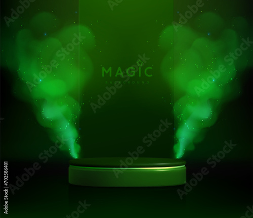 Magic green showcase background with 3d podium and green fog or steam. Glowing shiny trail. Vector illustration