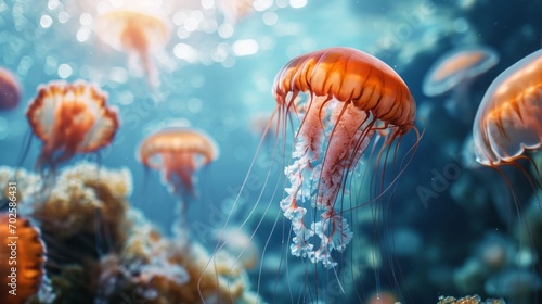 A jellyfish in the sea, a world under water. marine life.