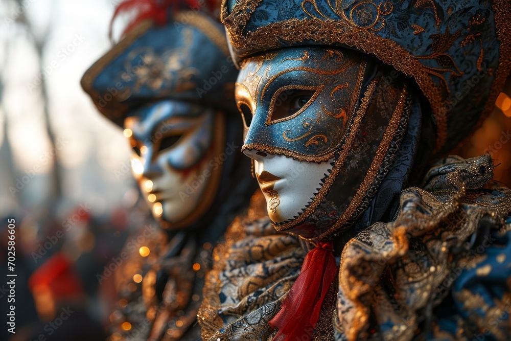 couple of beautiful women wearing costumes at Venice Carnival, dark orange and dark aquamarine, venetian rococo. participants in festive costumes.