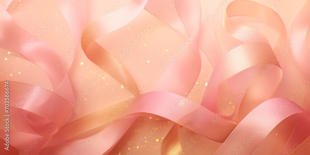 Fototapeta premium pink ribbons, golden streamers on peach fuzz background, top view. playful shapes, vibrant stage backdrops, spiral group, cute and dreamy, subdued color palette.
