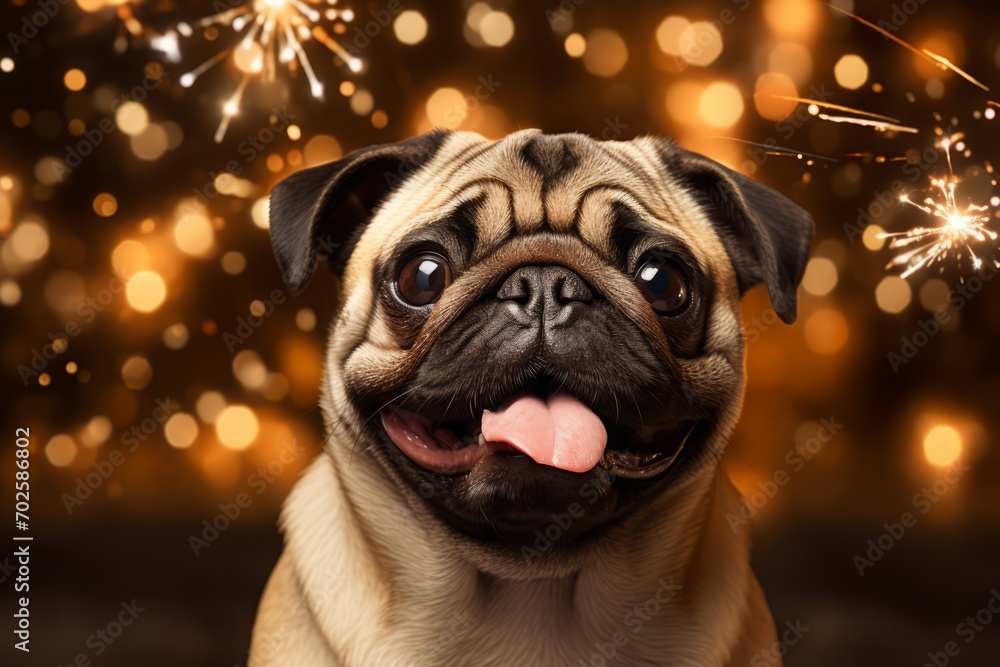 A pug dog and sparklers on a festive background. Christmas atmosphere and pet portrait. funny face.