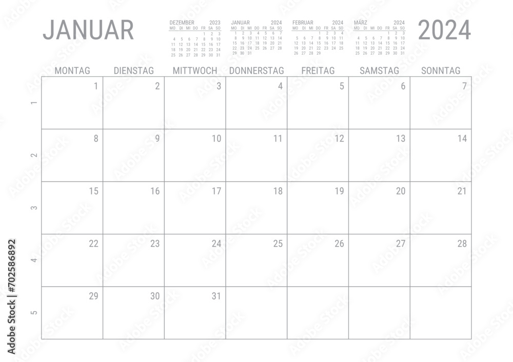 Monat Kalender Januar 2024 Monatskalender Kalenderblatt Kalendarium mit Kalenderwoche Planer DIN A4 Deutsch